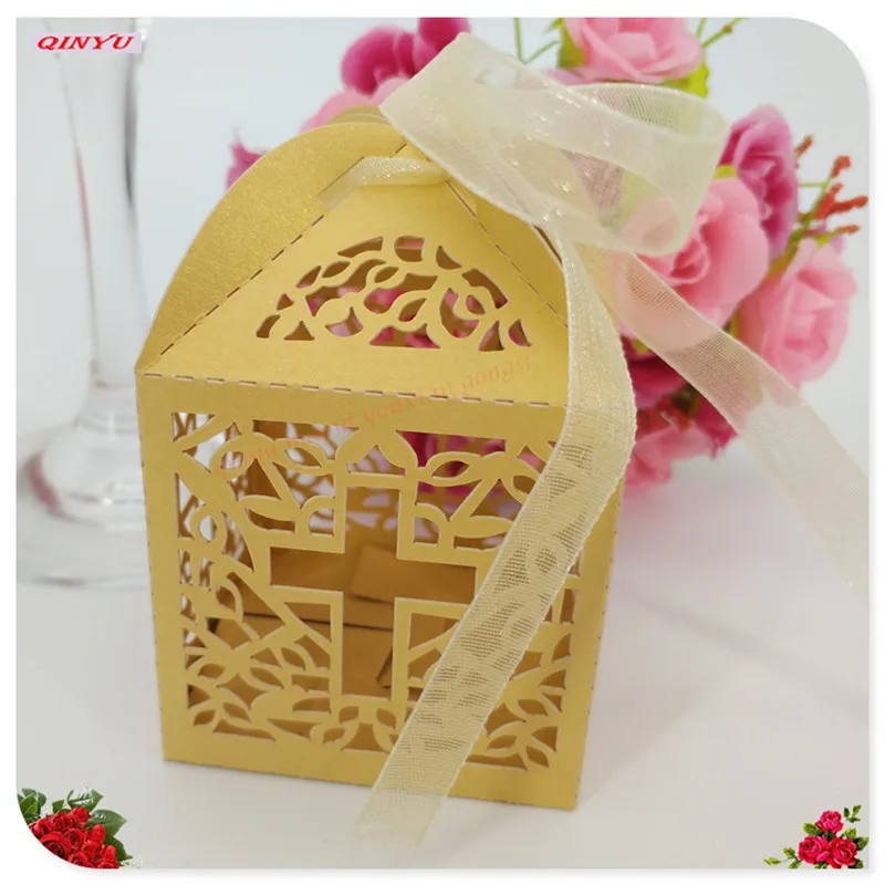 10Pcsset  Cross shape Laser Cut Hollow Carriage Favors Gifts Candy Boxes With Ribbon Baby Shower Wedding Party Supplies 5Z (27)