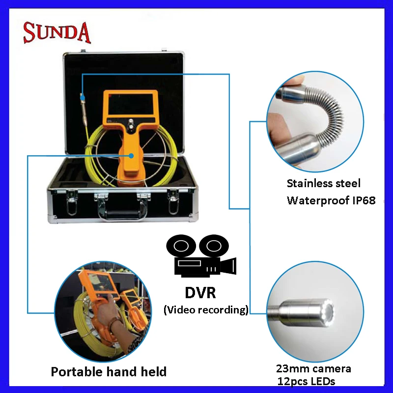 

WOPSON 23mm camera head drain sewer pipe inspection camera 7inch lcd monitor DVR video recording 12pcs led lights 20m 30m 35m