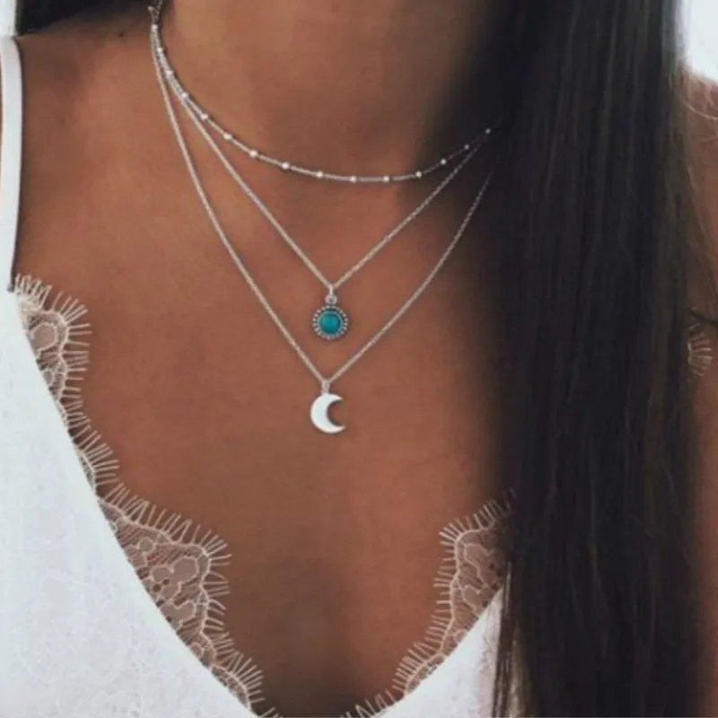 

Silver color Choker Necklace for women tassel stones moon Pendant Chain Necklaces & Pendants Lace velvet chokers Fashion Jewelry