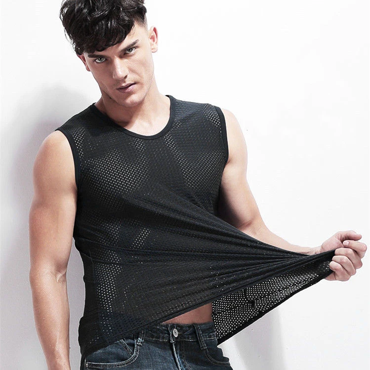 

New Summer cool freshing men's Casual Vest Elastic Mesh O-neck Gym Tank Top Quick-dry Sprot Sleeveless Shirt Plus Size XL-5XL