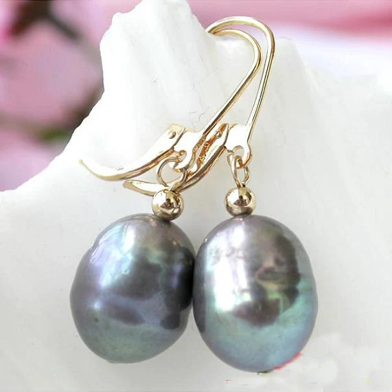 New Arriver Real Pearl Jewellery,Gray Color Rice Freshwater Pearl Dangle Earrings,10-11mm 14K-20 Fashion Lady's Gift