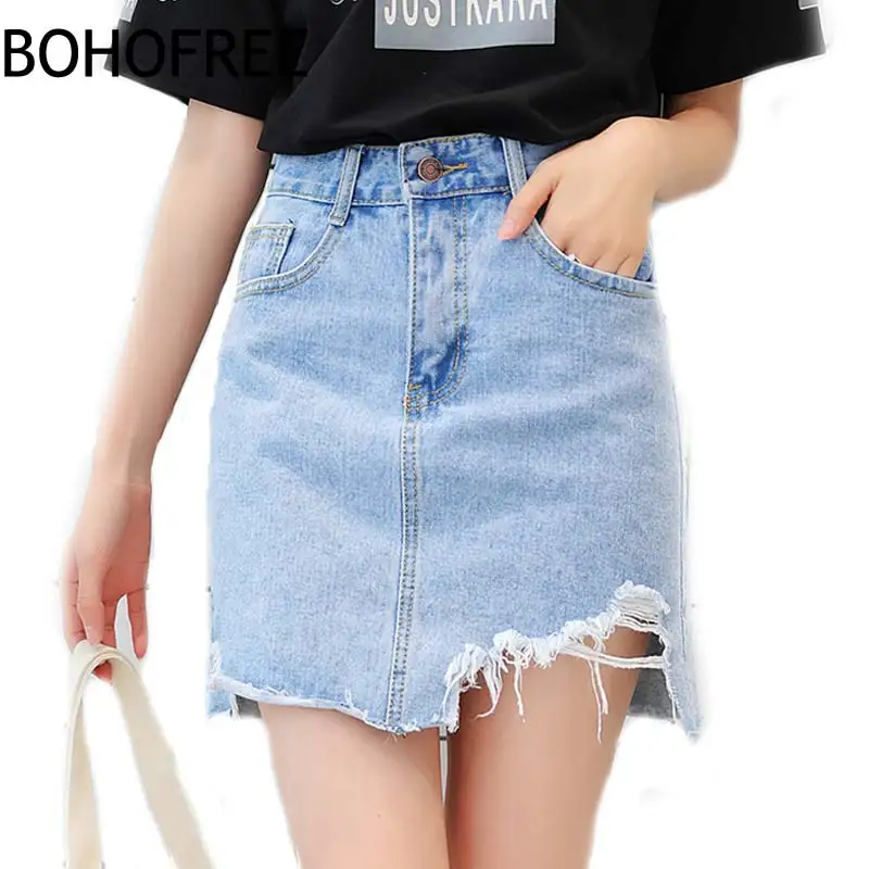 BOHOFREE Korean Women A Line Jean Skirts Femme Asymmetrical Denim