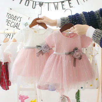 

New Summer Westernized Girl Baby High-grade Gauzy Dress Pure Colour Lovely Flowers Bubble Dress Sweet Beautiful Princess Dress