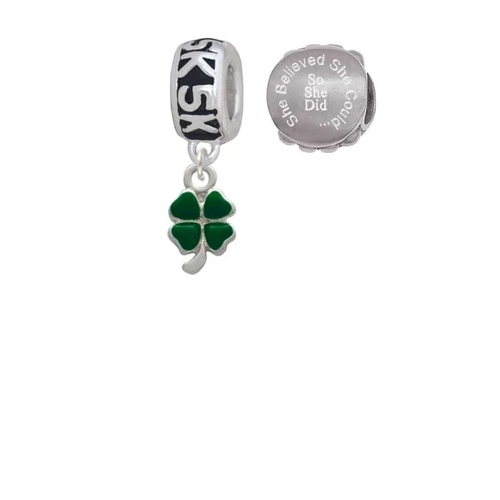 Silvertone Mini Green Four Leaf Clover with Heart Leaves 5K Run She Believed She Could Charm Beads (Set of 2)