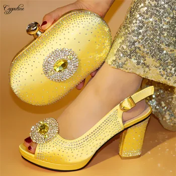 

Wonderful gold high heel party shoes and evening bag set fashion sandals with purse for party 99638-2 heel height 9.5cm