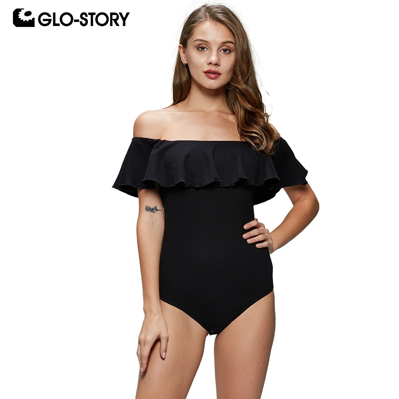 

GLO-STORY European Style 2019 Women Summer Ruffles Off-Shoulder Solid Bodysuits Ladies Sexy Party Romper Tops Female WBX-8860
