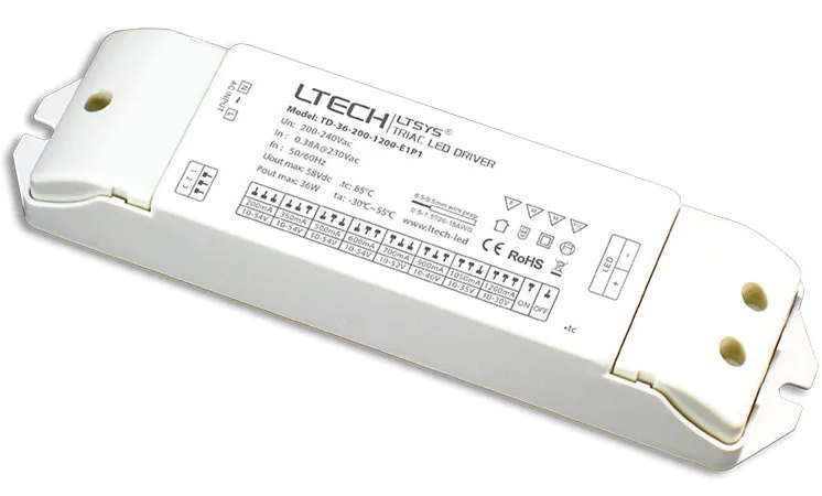

TD-36-200-1200-E1P1;CC triac Dimming Driver;AC100-277V input;36W/200mA-1200mA output;traci DIM Dimming interface