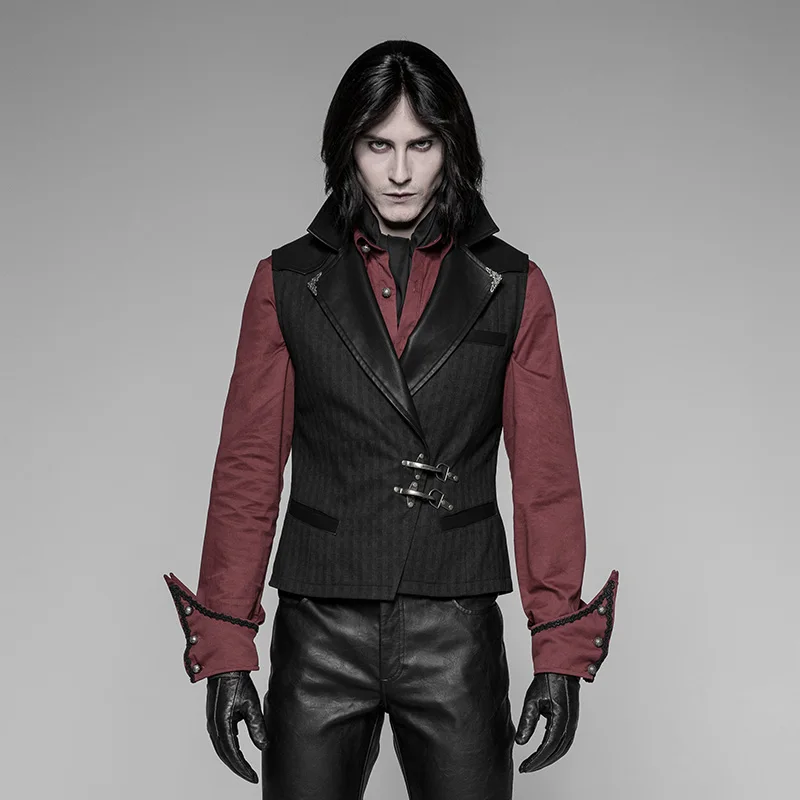 Discount PUNK RAVE New Steampunk Black Brown Striped Men's Waistcoat Gothic Leather Decoration Retro Palace Men Vest Emo Visual Kei