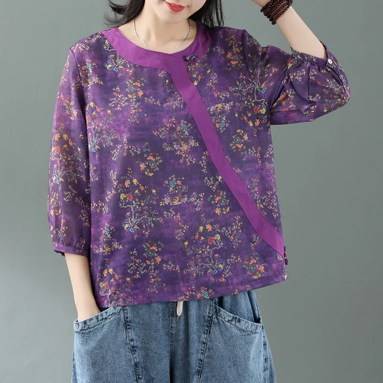 

QPFJQD Literary Retro Linen Print Shirts Lantern Sleeve Female Blouse Spring Autumn Button Long Sleeve Women Blouse Tops O Neck