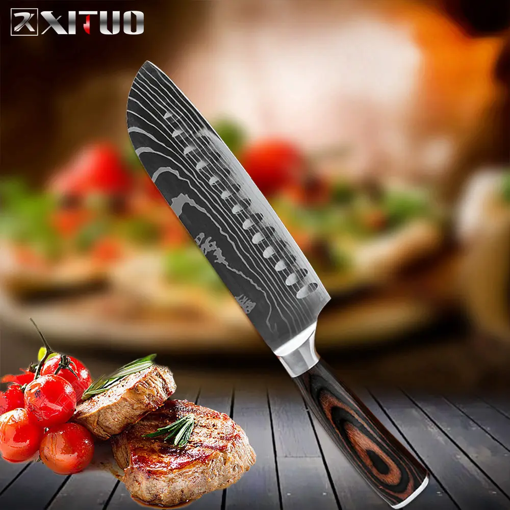 XITUO" 8" " 5" 3," дюймов Набор ножей шеф-повара для нарезки овощей хлеба Santoku ножи для очистки овощей 6 шт. кухонный нож Мясник инструменты дерево - Цвет: 7 in frozen knife