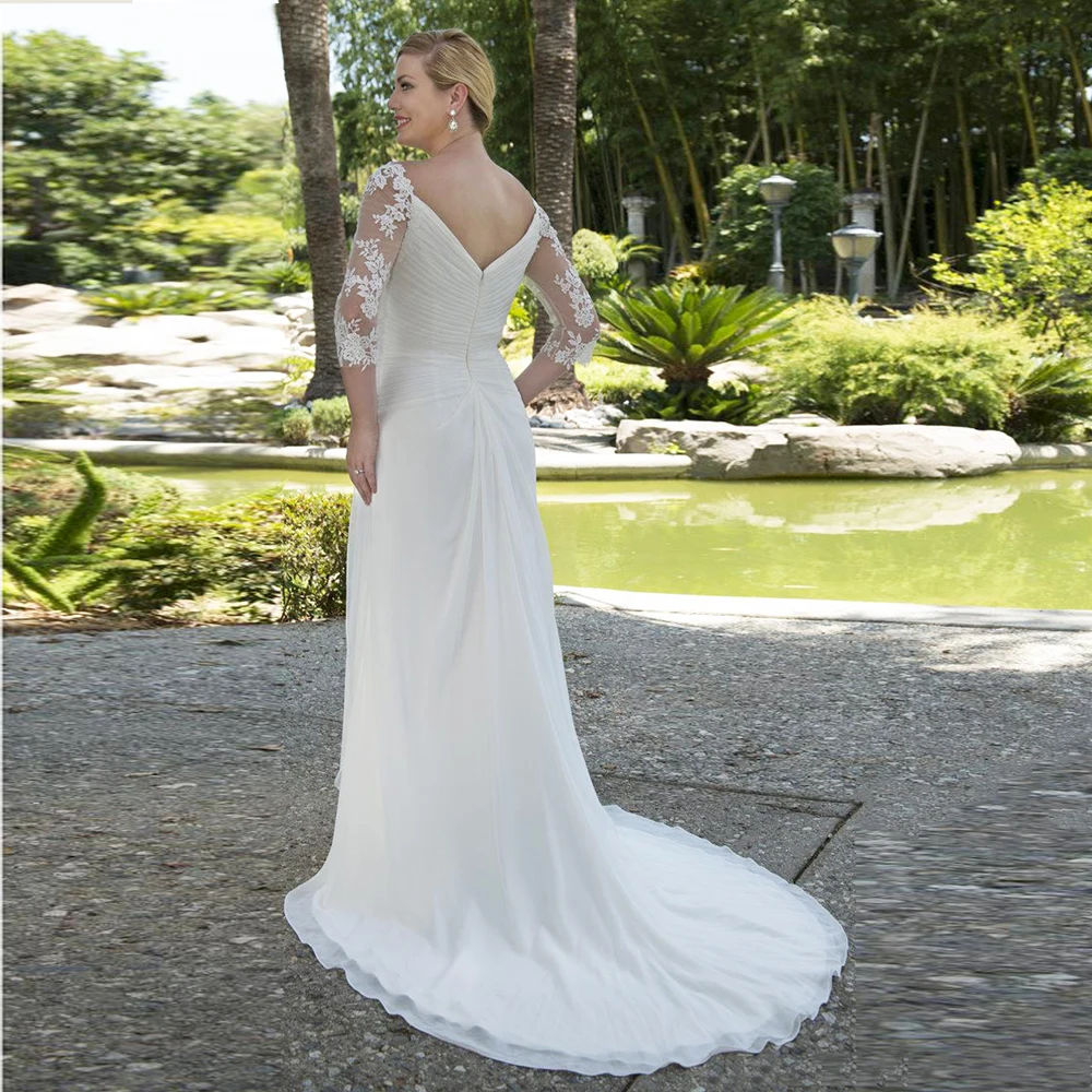 Свадебное платье размера плюс, шифоновые складки, кружева, аппликации из бисера, половина рукава, элегантное, на заказ