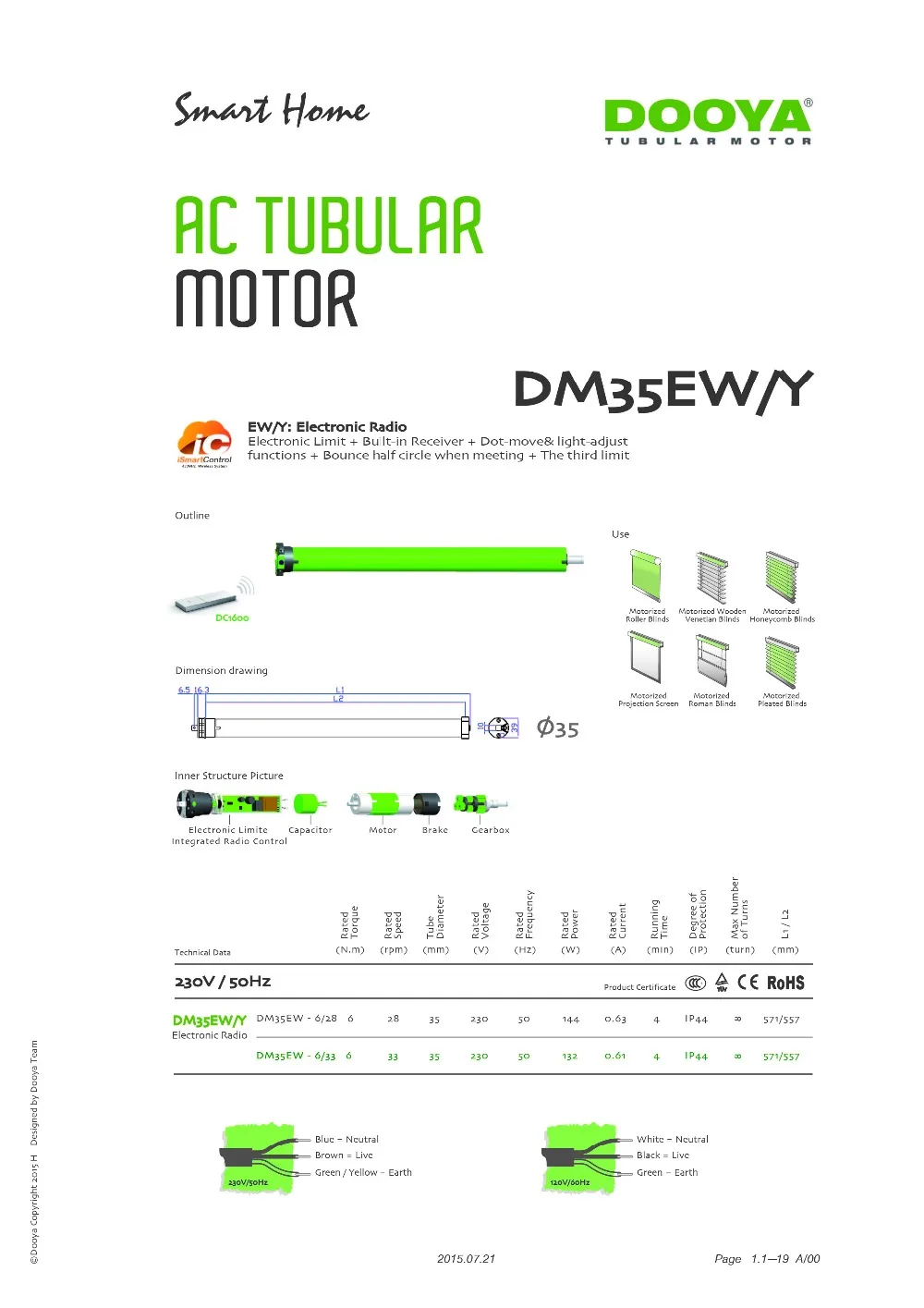 Dooya трубчатый двигатель DM35R DM35RL DM35EW с одним каналом/15 каналом, 50 мм трубка