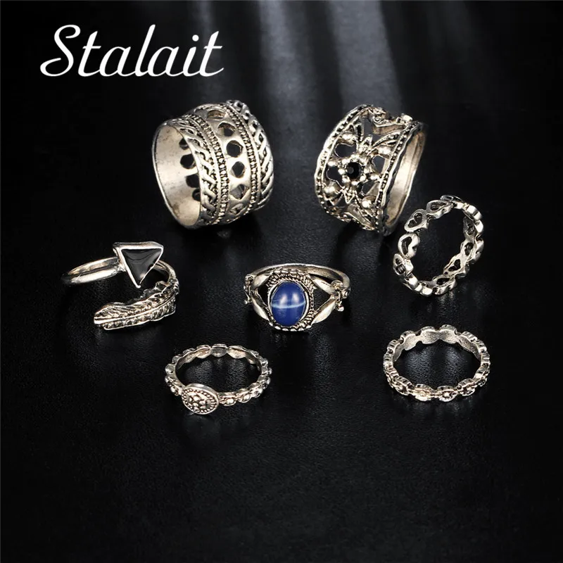 

Fashion 7 pcs/ set Vintage Beach Punk Arrow Ring Set Ethnic Carved Antique Silver Color Feather Finger Ring Knuckle Charm