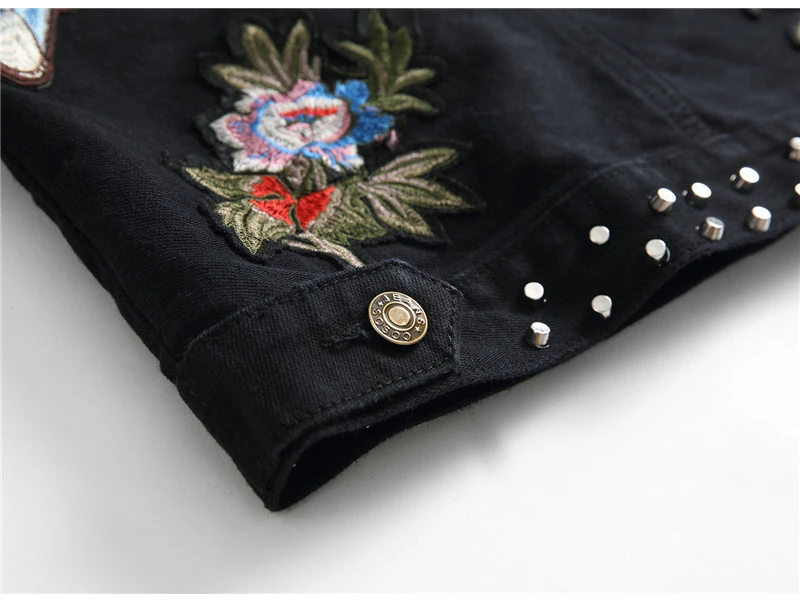 Мужская джинсовая куртка с заклепками Sokotoo с вышитыми цветами и пчелами черная облегающая куртка с длинным рукавом короткая дизайнерская верхняя одежда с вышивкой