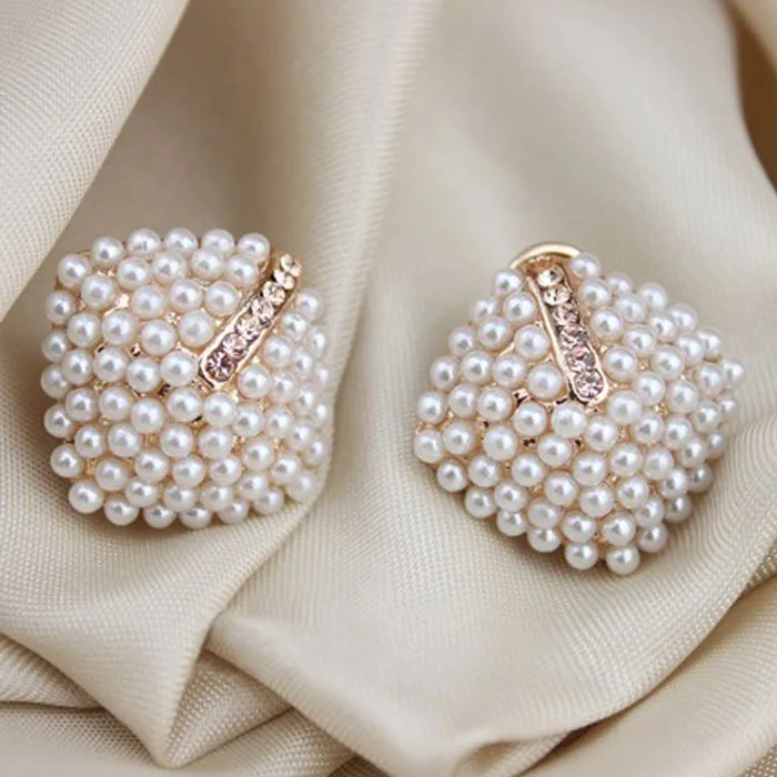 

2019 Women Fashion Charm Elegant OL Style Stud Earrings Pearl Rhombus Rhinestone Earrings Jewelry Gift korean Earrings