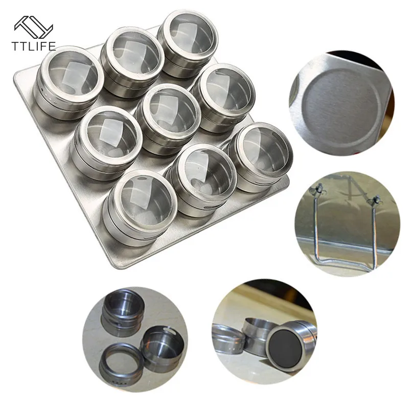 

TTLIFE 9Pcs/Set Seasoning Boxes Magnetic Dustproof Visible Stainless Steel Spice Can Seasoning Pot Outdoor Kitchen Tools Gadgets