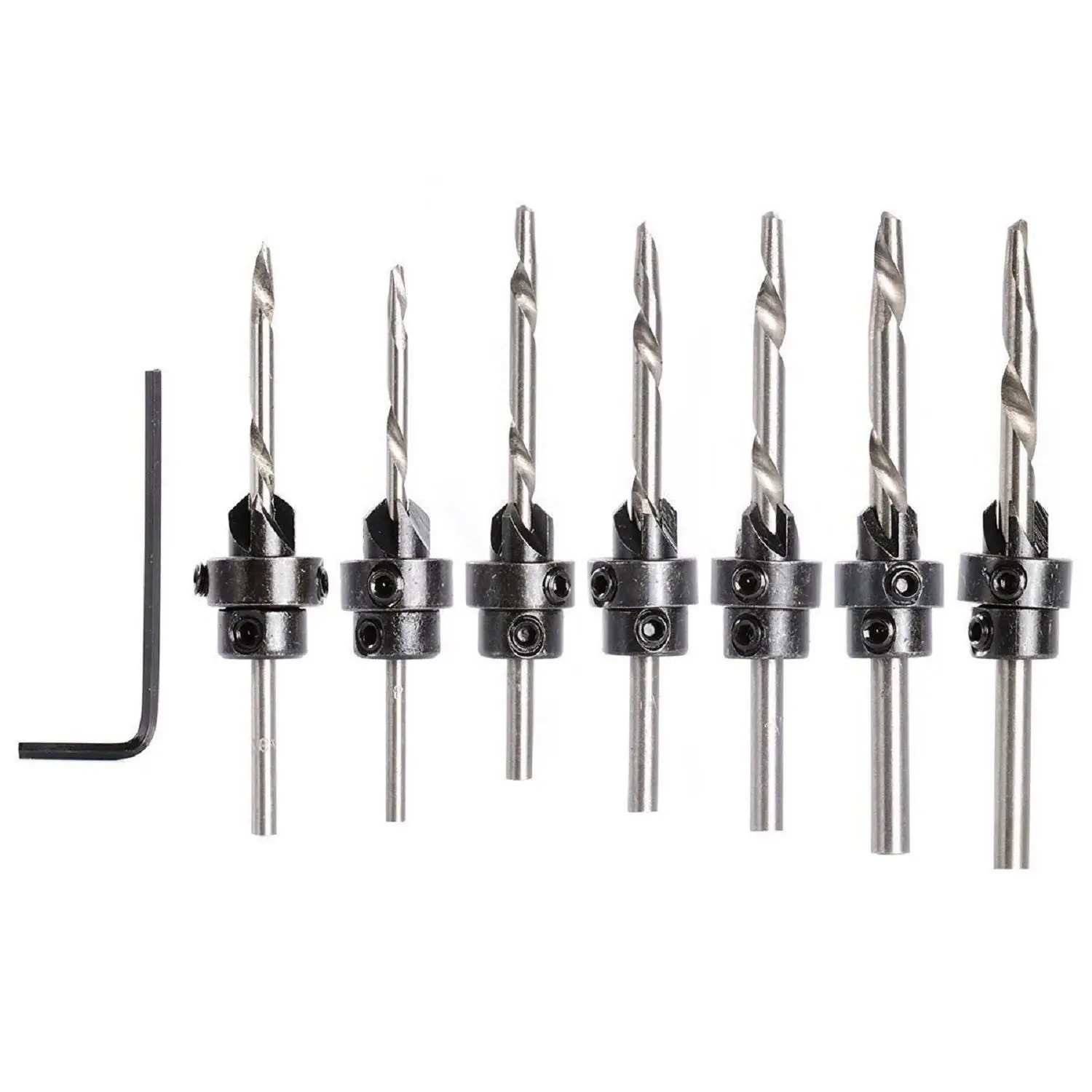 7 Pcs Countersink Drill Bit Set with Stop Collars & Wrench, Perfect for