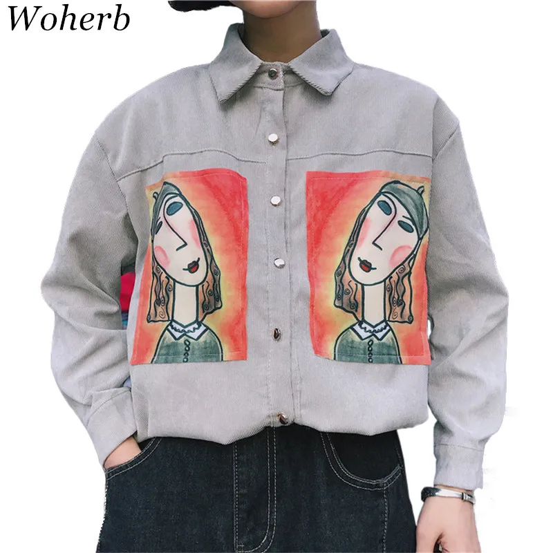 

Woherb 2019 spring Women New Cartoon Print Kawaii Shirt Wild Corduroy Loose Long-Sleeved Blouse Fashion Simple Tops 73752