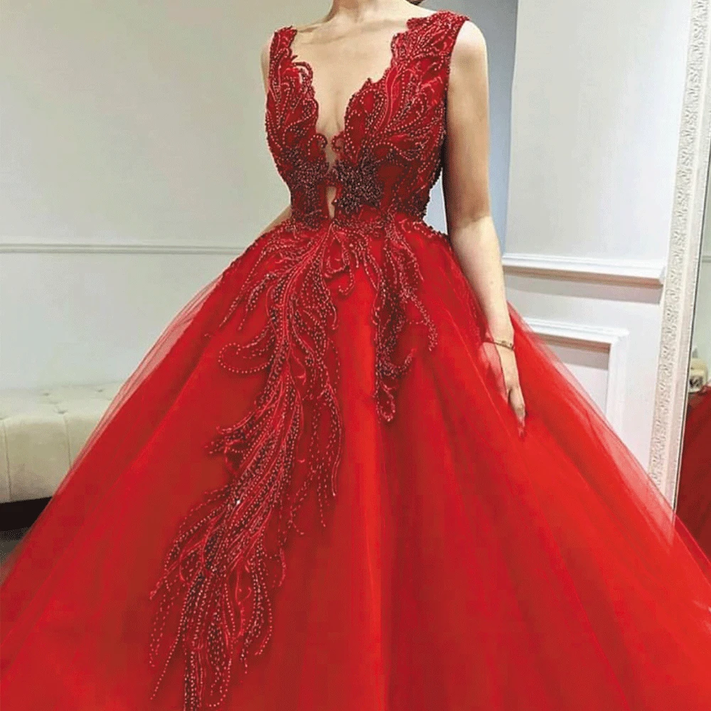 

SuperKimJo Red Prom Dress Ball Gown Deep V Neck Beaded Applique Elegant Prom Gown vestidos de fiesta de noche largos elegantes