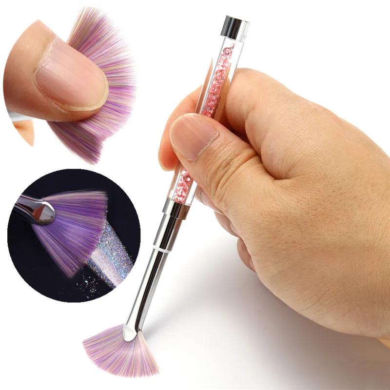 

Gradient Fan Nail Brush Dust Remover Pen Pink Rhinestone Handle Nail Art Tool