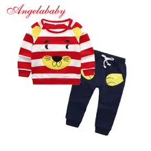 Новые комплекты одежды с круглым вырезом для маленьких мальчиков на весну и осень детская хлопковая Футболка с изображением Льва в полоску+ штаны комплект детской одежды из 2 предметов