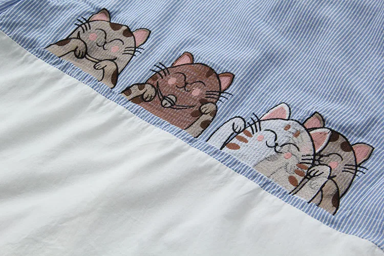 Милые рубашки с вышивкой кота из мультфильма, женские свободные длинные топы, весенние Лоскутные Полосатые блузки с длинным рукавом, женские блузки