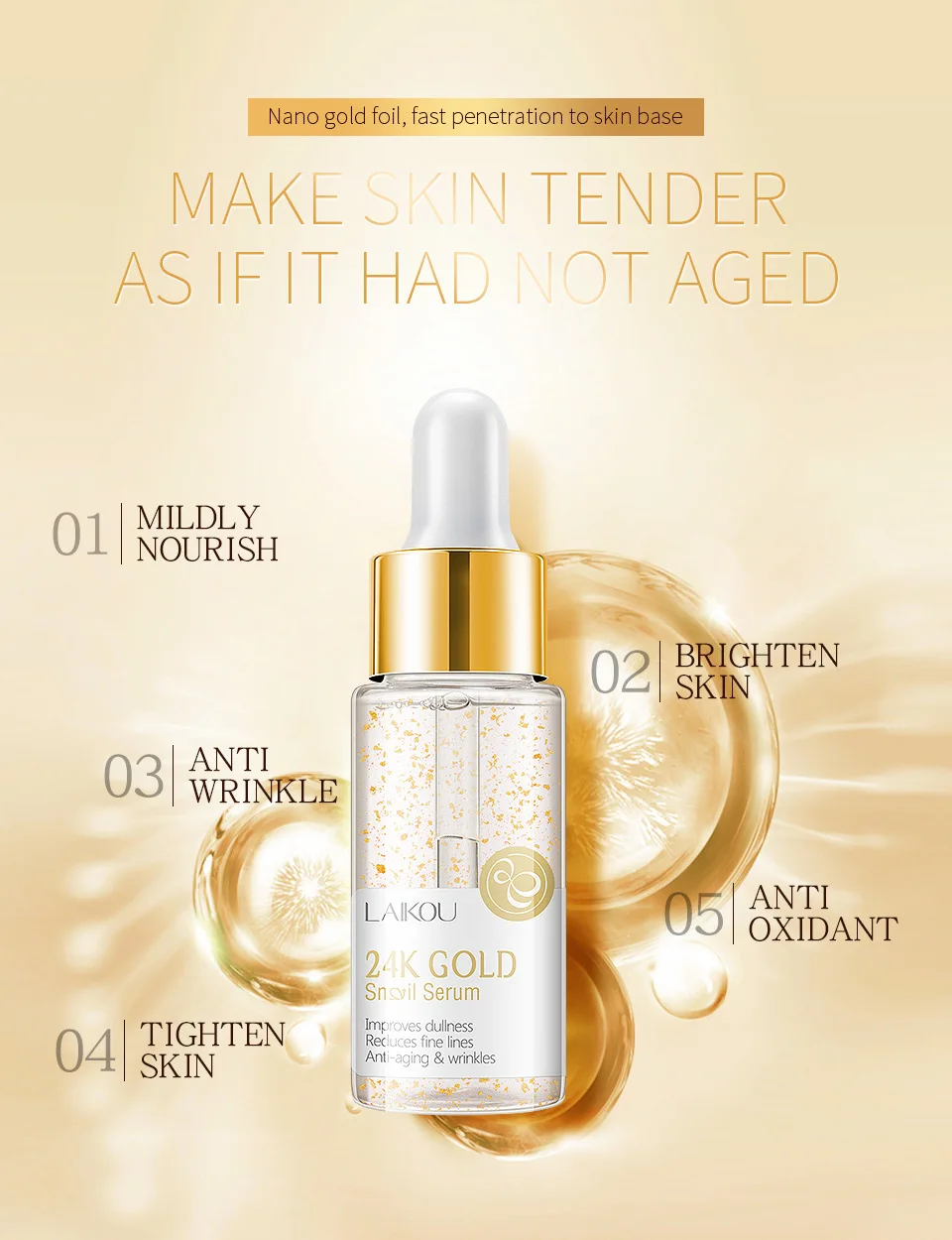 

LaiKou 24K Gold Snail Essence Hyaluronic Acid Serum Moisturizing Whitening Lifting Anti-Aging Face Skin Care Repair Serum TSLM2