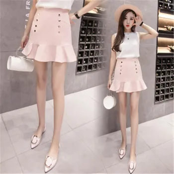 

2018 New Fashion Double-breasted High Waist Mini Skirt Women Elegant Package Hip Fishtail Skirts Female Cute Small Short Skirt