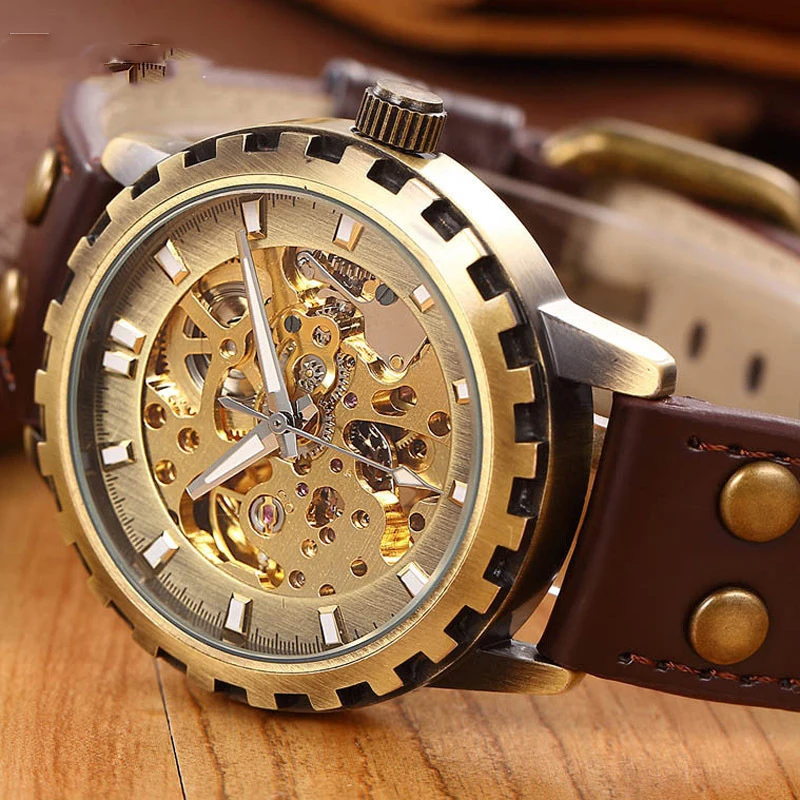 brand leather band font b men b font male military clock automatic Skeleton font b mechanical
