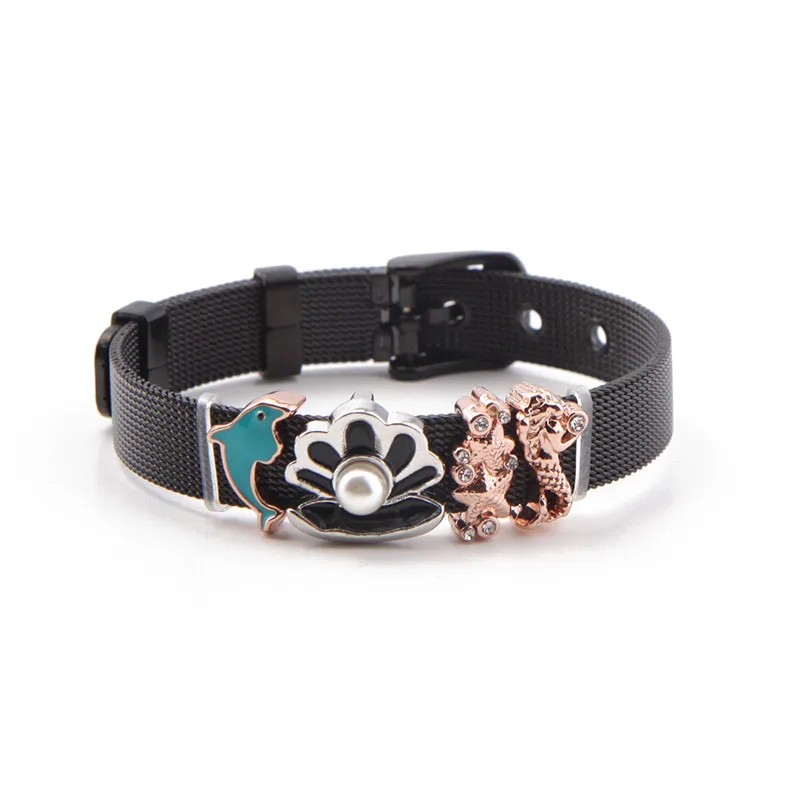 

SANSHOOR New Brand Sea Collection Black Mesh Bracelet Set with Amazing Pearl in Shell Charm and Mermaid Charm in Mixed Color