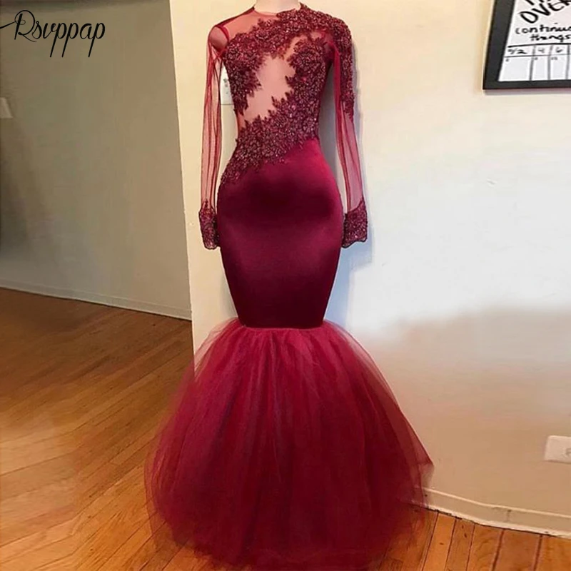 

Long Elegant Prom Dresses 2020 Sheer O-neck Long Sleeve Top Beaded Lace African Black Girl Burgundy Mermaid Prom Dress
