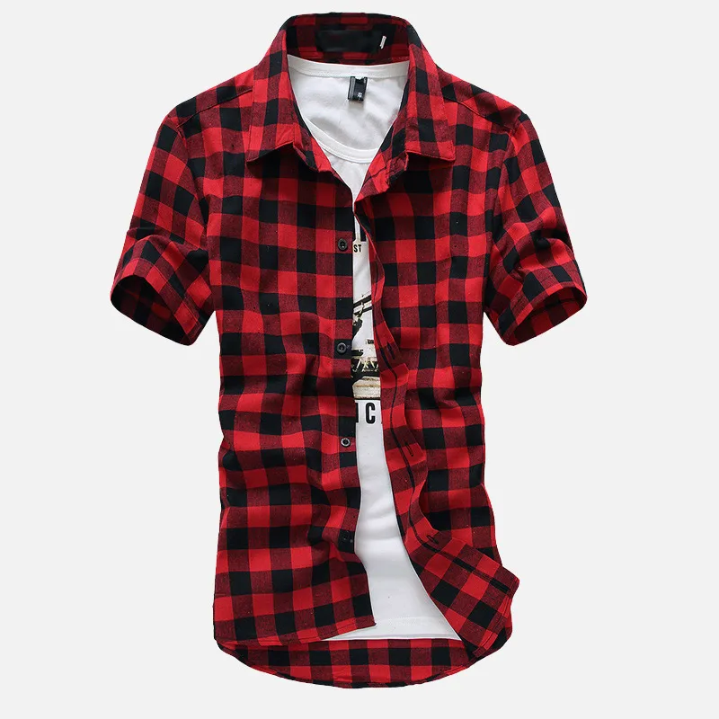 

Plaid Men's Short Sleeve Shirt Top Black Red Turn Down Collar Streetwear Shirts Tops For Men Summer Single Breasted Male Clothes