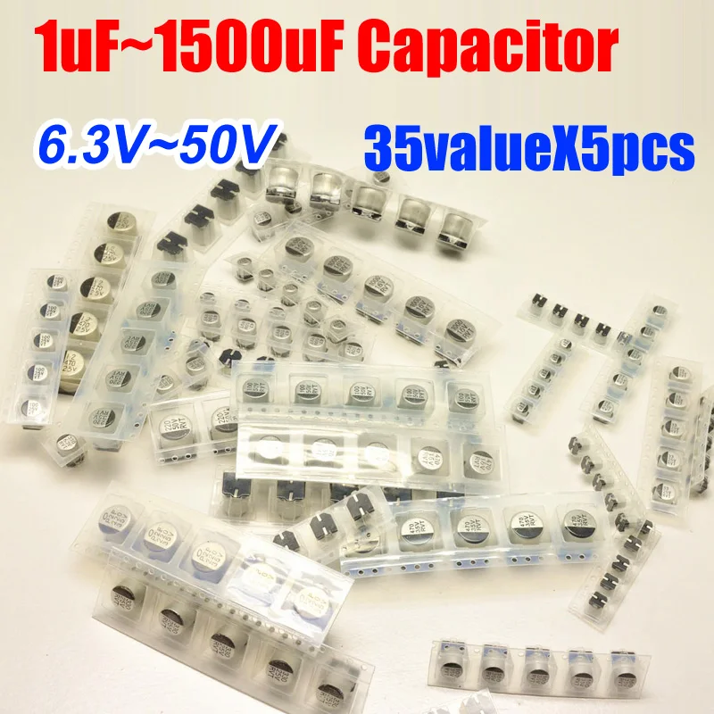 

35valuesX5pcs=175pcs SMD 6.3V~50V 1uf~1500uf Aluminum Electrolytic Capacitor Assortment Kit Pack for Computer Motherboard