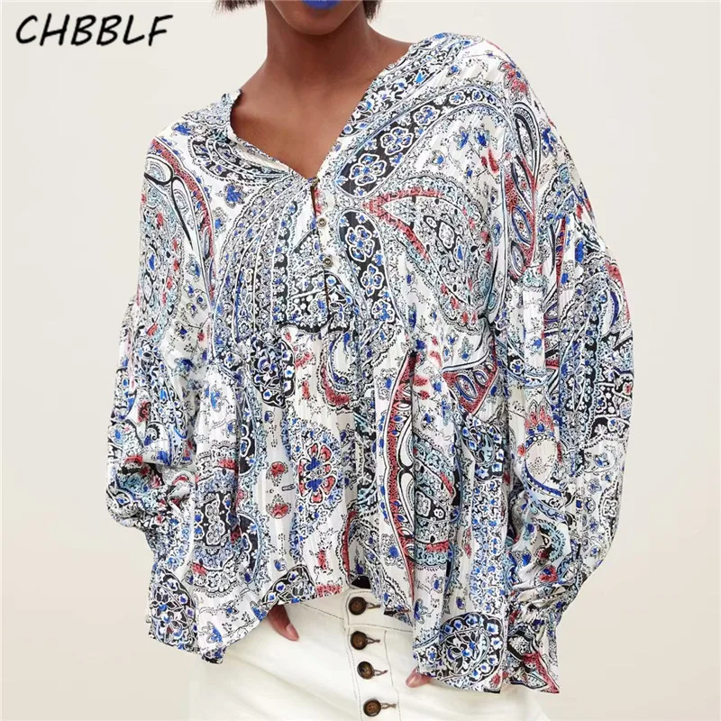 

CHBBLF women floral print V neck blouse petal sleeve elegant female chic pleated tops blusas WDD88105