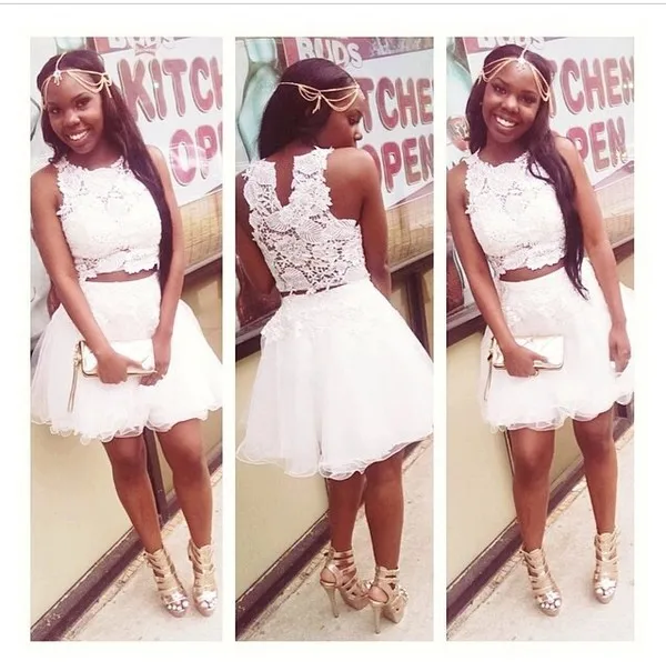 

White 2019 Elegant Cocktail Dresses A-line Short Mini Organza Lace Two Piece Party Plus Size Homecoming Dresses
