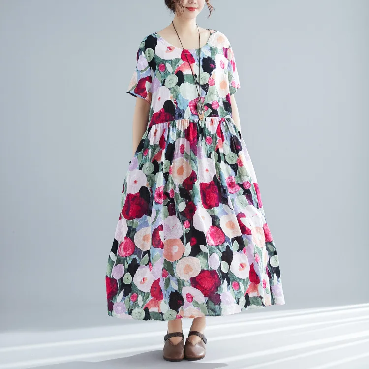 Johnature, стиль, хлопок, цветочный принт, Корейская версия моды, свободное повседневное женское платье, летнее женское платье с коротким рукавом