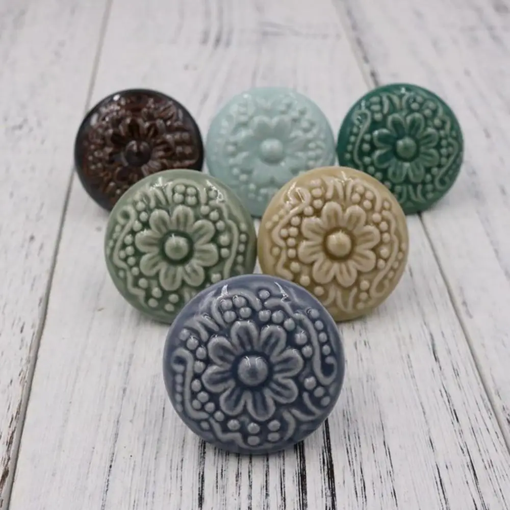 

4pcs Retro Vintage Round Ceramics Drawer Knob Handle Cabinet Cupboard Door Pull Decor kid room blossom Relief Handle Knobs