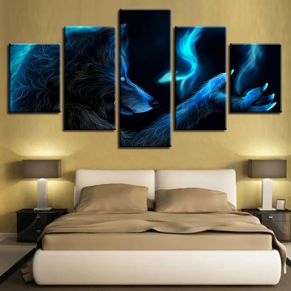 

Framework Artworks Modular Posters 5 Pieces Luminous Animal Wolf Canvas Painting Art HD Printing Decor Living Room Wall Pictures