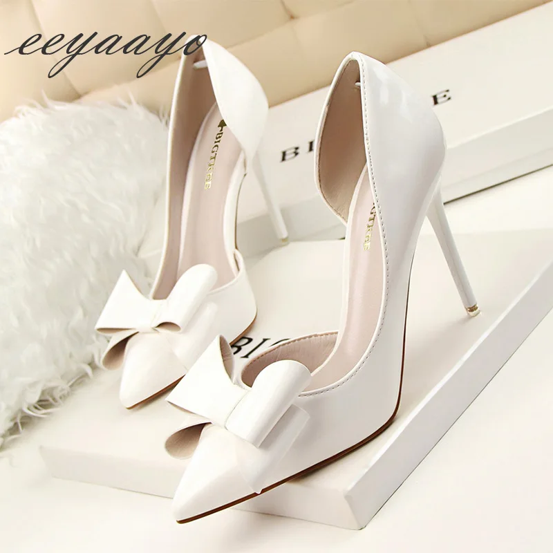 

2019 New Spring/Autumn Women Pumps High Thin Heel Pointed Toe Slip-On Fretwork Sweet Butterfly-Knot Women Shoes White High Heel