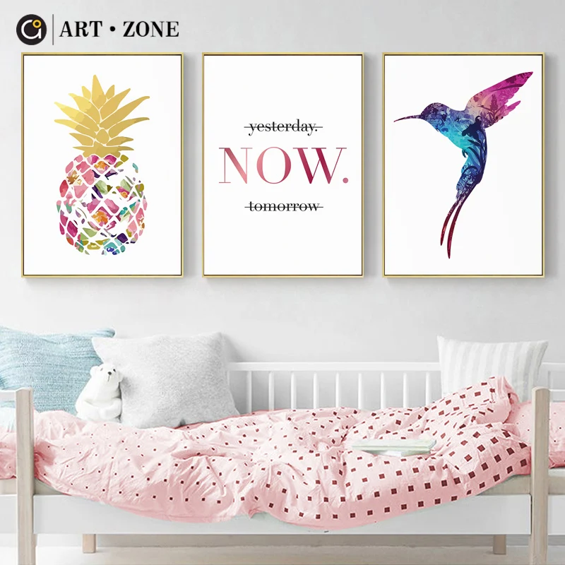 

ART ZONE Cartoon Canvas Painting Bird Pineapple Letter White Simple Posters Library Book Bar Wall Art Decoration Pictures