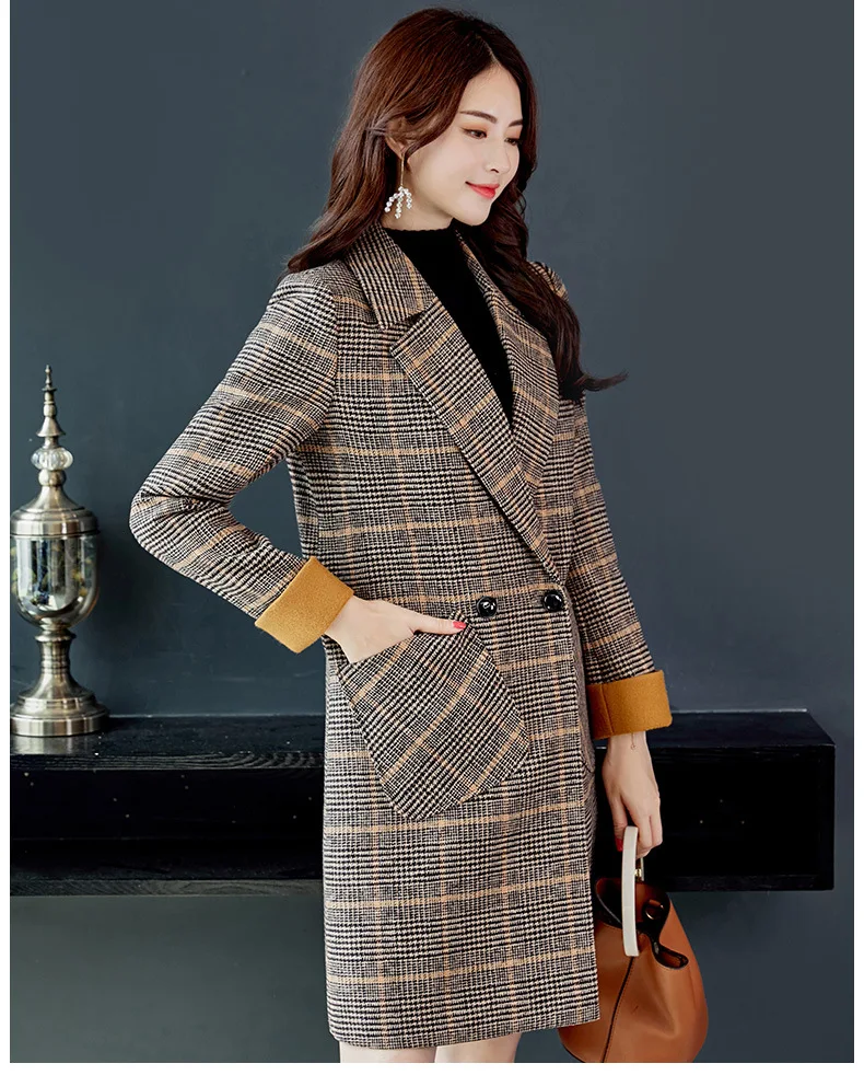 Модное винтажное клетчатое шерстяное Женское пальто с карманами осень зима офисная работа длинный рукав теплое тонкое женское длинное пальто с отворотом