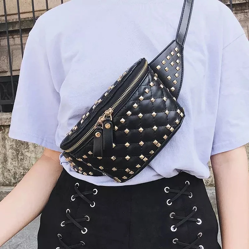 

2019 Fashion Women PU Leather Pack Street Rhinestones Rivets Street Style Belt Bags Zipper Phone Purse Waist Packs