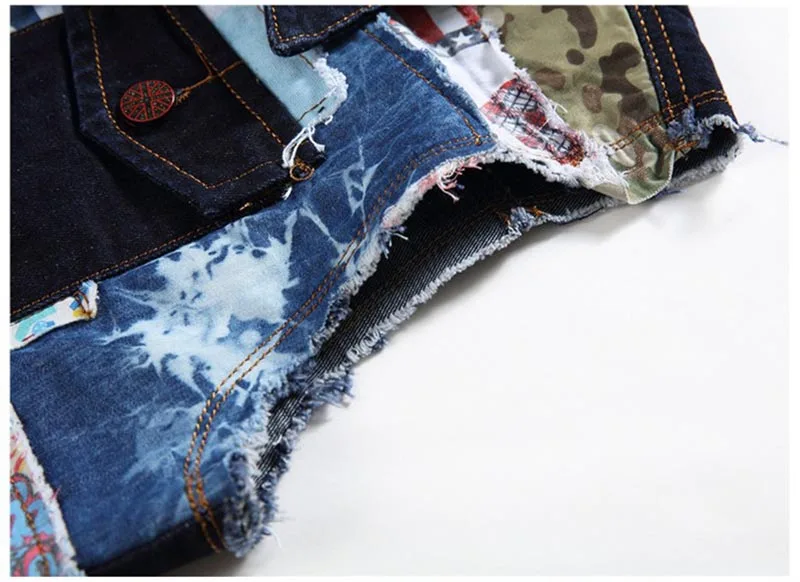Mcikkny Fashion Men's Denim Vest Patch Design Jeans Waistcoats Washed Sleeves Jackets For Male Colorful Patchwork Size XL-2XL  (5)