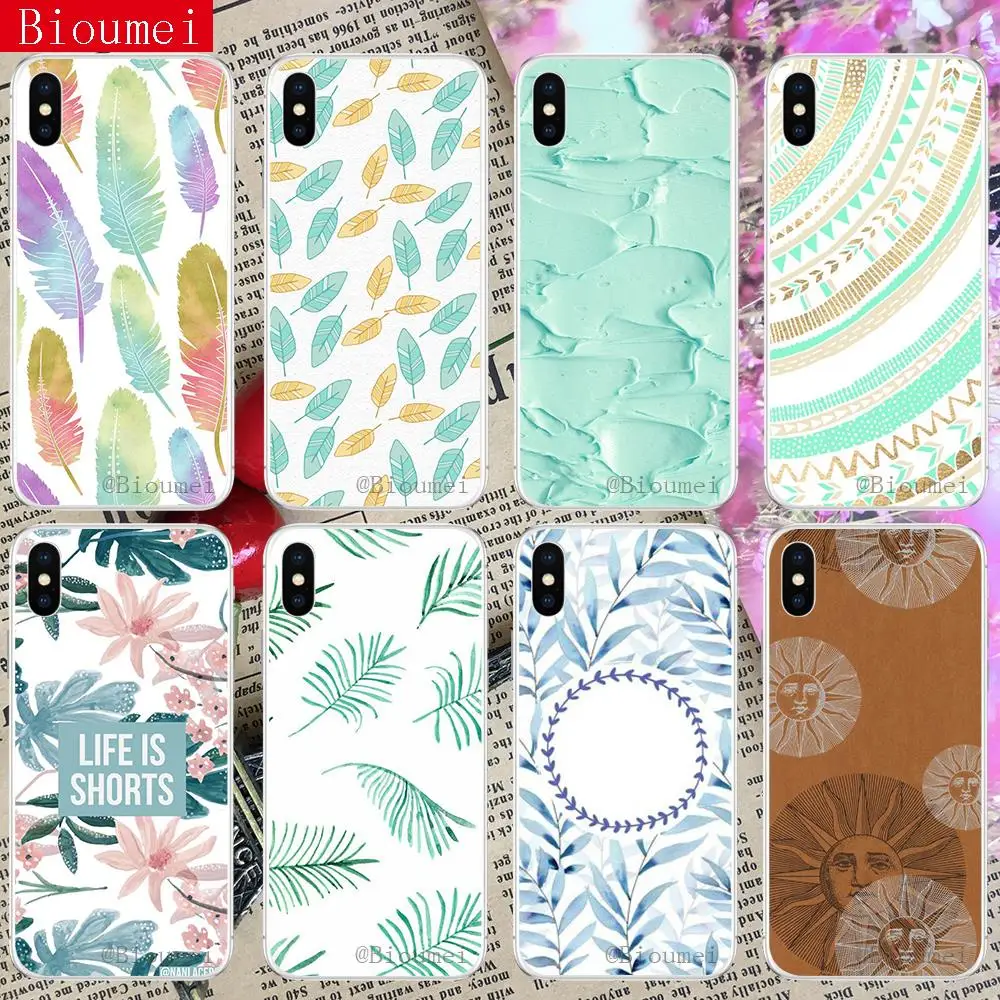 

Bioumei Mint Green Feather phone case For iPhone XR XS Max 5 6 6s 7 8 Plus Transparent Cartoon TPU Coque for iPhone X 26