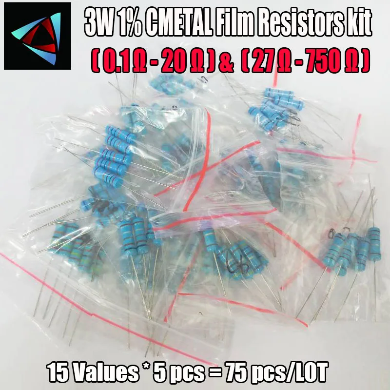 75 шт. 3 Вт металлический пленочный резистор. 1 Ом~ 20 Ом или 27 Ом~ 750 Ом 1% набор сопротивления 15 значений* 5 шт