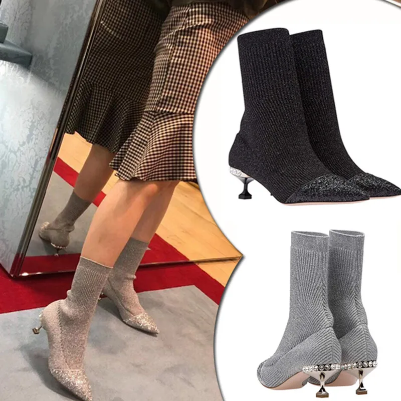 

2019 Runway Style Ankle Sequins Glitter Boots 6cm Crystal Cat Heel Pointed Toe Women Knitted Stretch Sock Botas Ladies Shoes