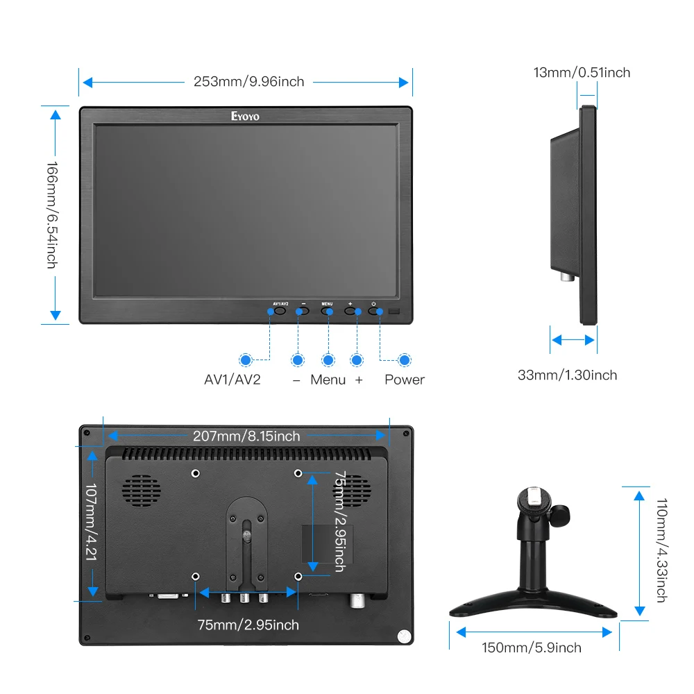 Eyoyo EM10V 10 дюймов маленький экран телевизора 1024x600 ЖК-экран ТВ/HDMI/VGA/AV/USB вход для DVD PC CC tv камера безопасности Raspberry Pi