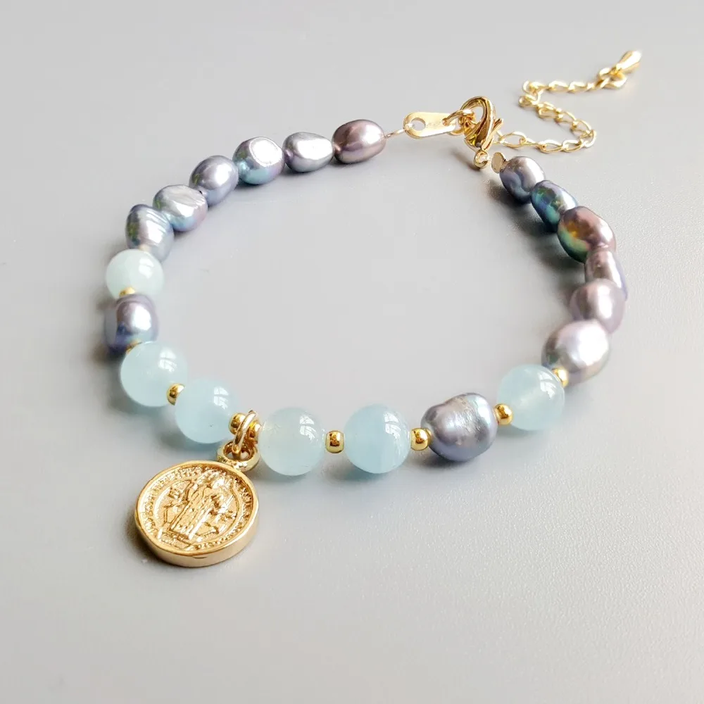 Lii Ji настоящий Аквамарин хороший блеск пресноводный жемчуг натуральный камень браслет нежные ювелирные изделия для детей или женщин