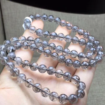

7.8mm Natural Black Rutilated Quartz Bracelet From Brazil Round Beads Gems For Women Men Gift Crsytal 3 laps Bracelets AAAAA
