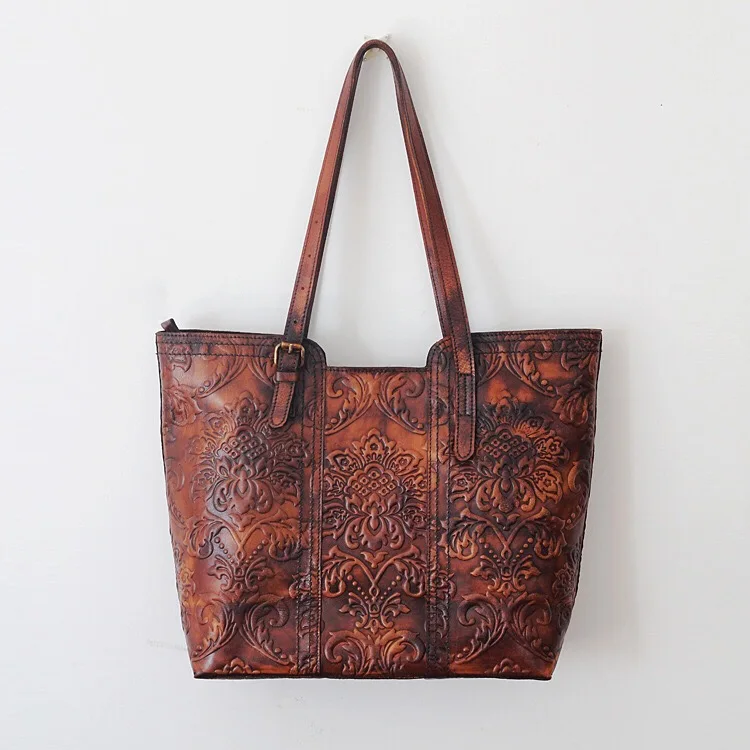

High Quality Vintage Women's Single One Shoulder Bag Engraved Flower Embossing Design Genuine Leather Ladies Large Totes Handbag
